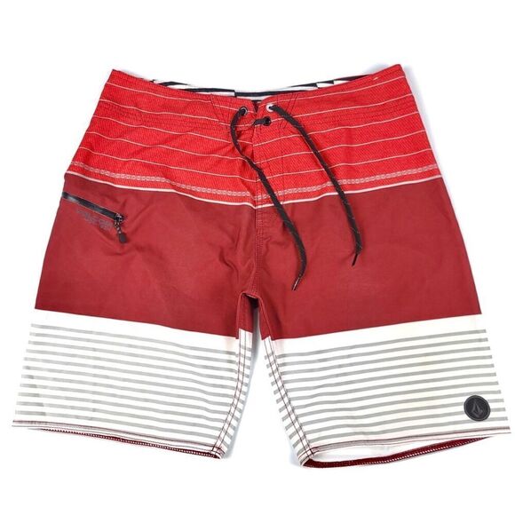 VOLCOM Horizon Mod Tech Board Shorts Surf Trunks Mens 33 Red White Stripe - Picture 1 of 8